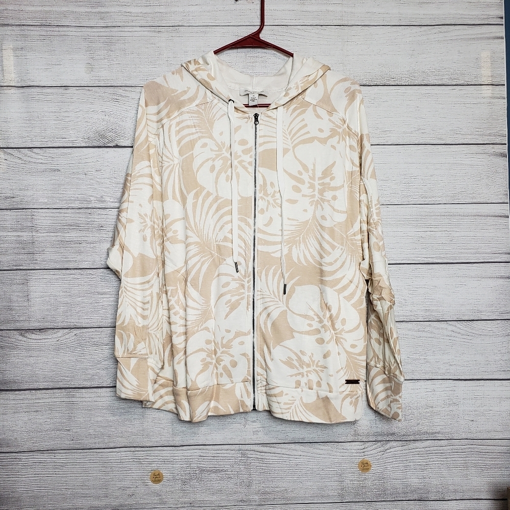 Vintage America Spirit Moonlight Palm Shadow Print Zip Up Hooded Jacket Womens M
